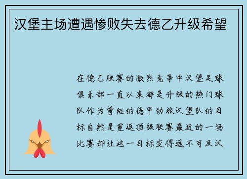 汉堡主场遭遇惨败失去德乙升级希望
